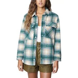 [BLANKNYC] Flannel Shacket Lined Wool Coat S Green Room Plaid Snap Button B32